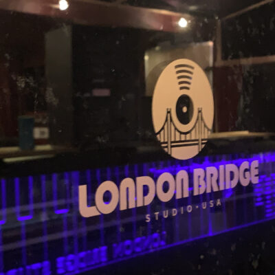 Logo on the door of the London Bridge Studios in Shoreline, WA